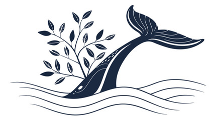 Whale Tail with Decorative Leaves in Water.