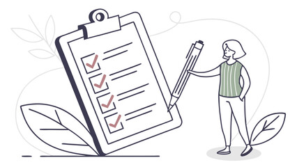 Woman Completing Checklist on Clipboard with Pen Task Management Illustration.