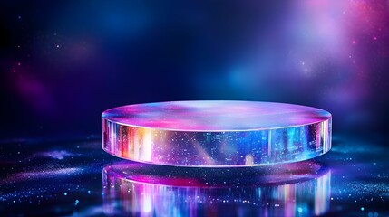 Neon-lit circular platform, cosmic background, product display