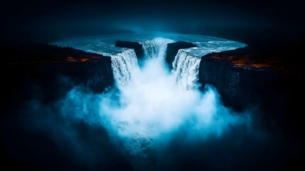 Nightfall waterfall, dramatic mist, Iceland, travel poster