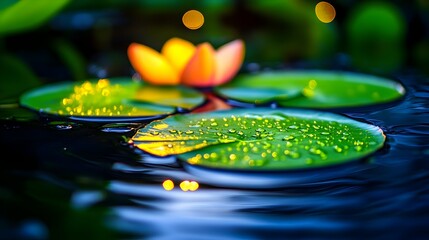 Night lotus blossom, water lily pads, pond, bokeh background, serenity