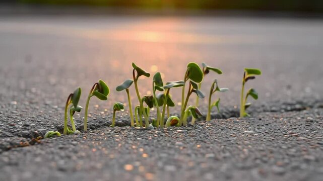 Resilience in Bloom: Delicate seedlings emerge from a crack in the rugged asphalt, symbolizing persistence, renewal, and nature's tenacity against adversity.