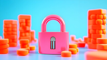 Pink padlock security digital city abstract background