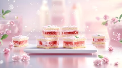 Pink strawberry cakes, floral background, dessert studio shot, food advertising
