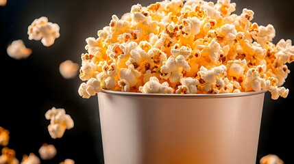 Popcorn overflowing bucket, dark background, movie snack