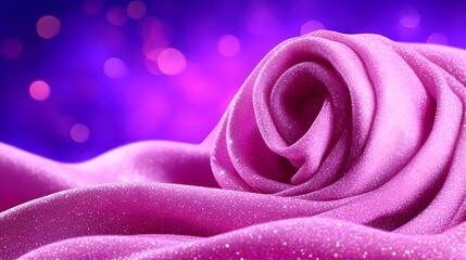 Pink glitter fabric rose, bokeh background, textile website