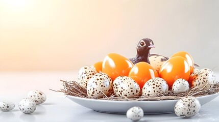 Quail eggs, bird, nest, spring, plate, sunrise, Easter, decoration, background, greeting