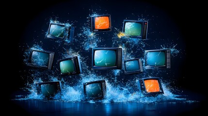 Retro TVs splashing in water, dark background, media obsolescence