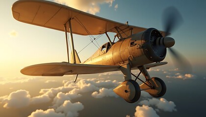 Obraz premium Vintage Biplane Soaring: Golden Hour Flight Above Clouds