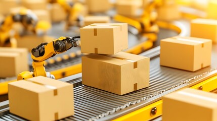 Robotic arm stacking boxes on conveyor belt in warehouse