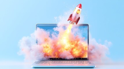 Rocket launching from laptop screen, blue background, startup concept