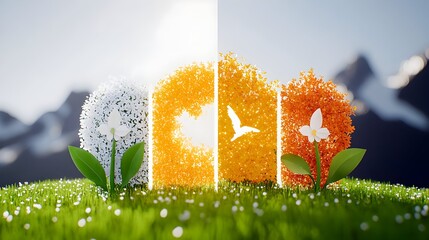 Seasonal floral house, mountain backdrop, spring to autumn transition, environmental concept