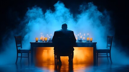 Silhouette Man Dining Alone, Smoky Room, Dramatic Lighting