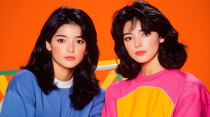 Studio portrait, 80s fashion, Asian women, vibrant background, retro style