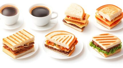 Studio shot Breakfast sandwiches, coffee, white background, food photography, menu design