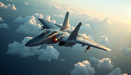 Sleek Fighter Jet Soaring Through Sunset Clouds: A Dramatic Aviation Artwork
