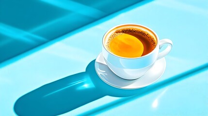 Sunny cafe coffee cup, blue background, morning