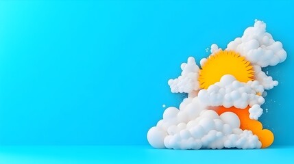 Sunny sky cloudscape, blue background, 3D render, summer