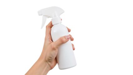 Hand Holding White Spray Bottle Isolated on Transparent Background PNG