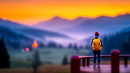 Sunrise hiker mountaintop vista autumn travel