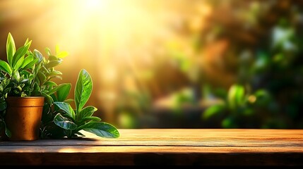 Sunrise garden plant pot wooden table background