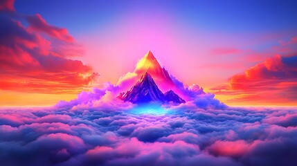 Vibrant sunset, mountain peak in cloudscape, fantasy, digital art, wallpaper