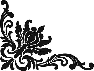 Decorative black corner flourish with ornate swirling leaves and floral elements, elegant motif vintage or classic design designs and borders
