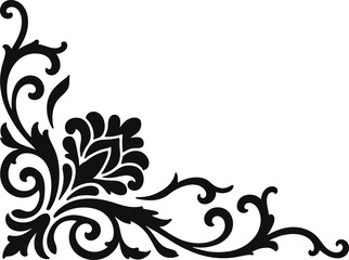 Decorative black corner flourish with ornate swirling leaves and floral elements, elegant motif vintage or classic design designs and borders  © MSTFULZAN