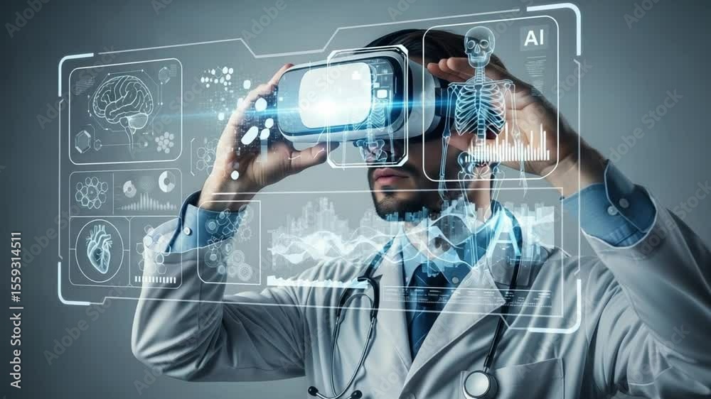 Poster doctor in lab coat uses virtual reality headset with ai interface and medical data overlays