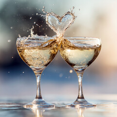 Obraz premium Two glasses of champagne toasting and liquid splashing around in a form of a heart as a symbol of love and romance with selective focus and blurred background