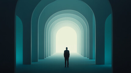 Obraz premium Solitary figure walking through a long tunnel of arches toward a bright light. A path to somewhere new or a way out of darkness.