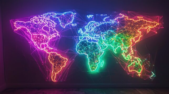 Colorful global network map with vibrant neon lines.