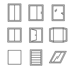 Modern Window Icons. Line style icons of modern window types: floor-to-ceiling window, sliding glass panel, tilt-and-turn window,