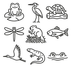 Wetland Wildlife Icons. Line style icons of wetland animals: frog on leaf, heron standing, turtle on log, dragonfly, beaver