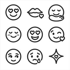 Love Icon Collection. Line style icons of love and affection: heart eyes, kissy lips, hugging smile, romantic blush, cuddly grin,