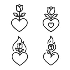 Heart, Rose, Flame Icons. Line style icons of heart growing with rose and flame: sprouting rose from heart, budding heart center,