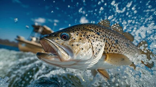 fish in the water, jumping out, fishermans boat in background