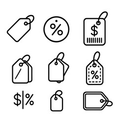 Price Tag Icons. Line style icons of price tags with variations: folded tag, circular markdown tag, square bold price sticker,