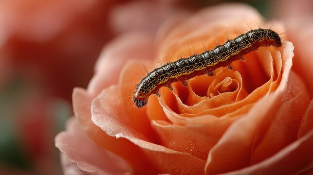Vibrant caterpillar crawls over a peach rose bud, resting on rustic wood