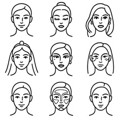 Makeup Icons Collection. Line style icons of makeup categories: natural look icon, glam look with lashes, evening makeup style,