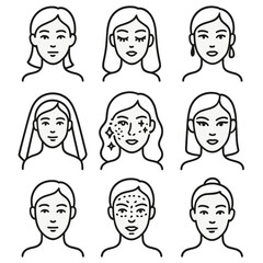 Makeup Icons Collection. Line style icons of makeup categories: natural look icon, glam look with lashes, evening makeup style,