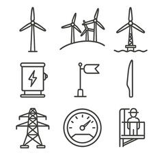 Wind Energy Icons. Line style icons of wind energy infrastructure: single wind turbine, wind farm on hill, offshore wind turbine,