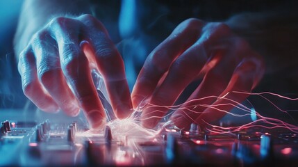 Glowing hands manipulate a soundboard during a vibrant performance