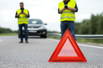 Roadside assistance needed: Car trouble on the highway. Emergency triangle in foreground, two people in safety vests using their phones in the background.