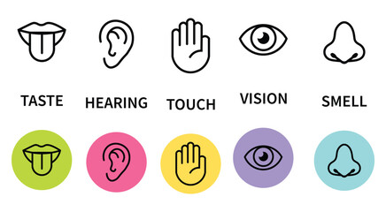 Human senses icon set. Vision eye, smell nose, hearing ear, touch hand, taste mouth with tongue. Simple line icons and black circle. Five senses of human nervous system. Vector illustration.