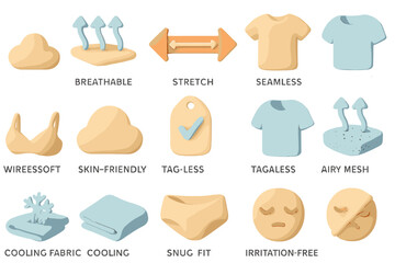 Naklejka premium Seamless clothing icons: breathable, stretch, tagless, airy mesh, cooling fabric