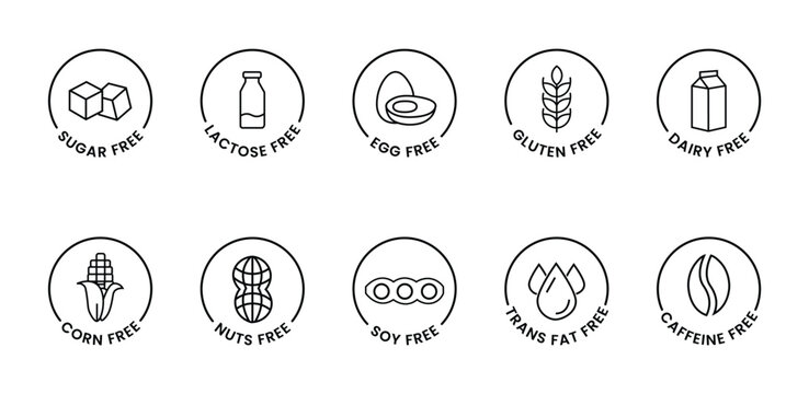 Set allergen free icons. Allergen free products. Products warning symbols. Lactose, gluten, sugar, corn, egg, trans fat, soy, nuts free, caffeine sign