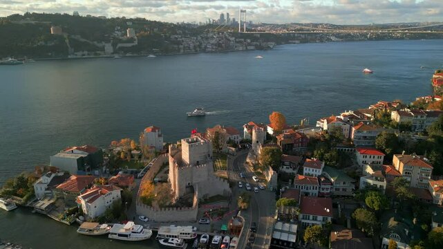Aerial view of Anadolu Hisari fortress along the Bosphorus, Turkey.