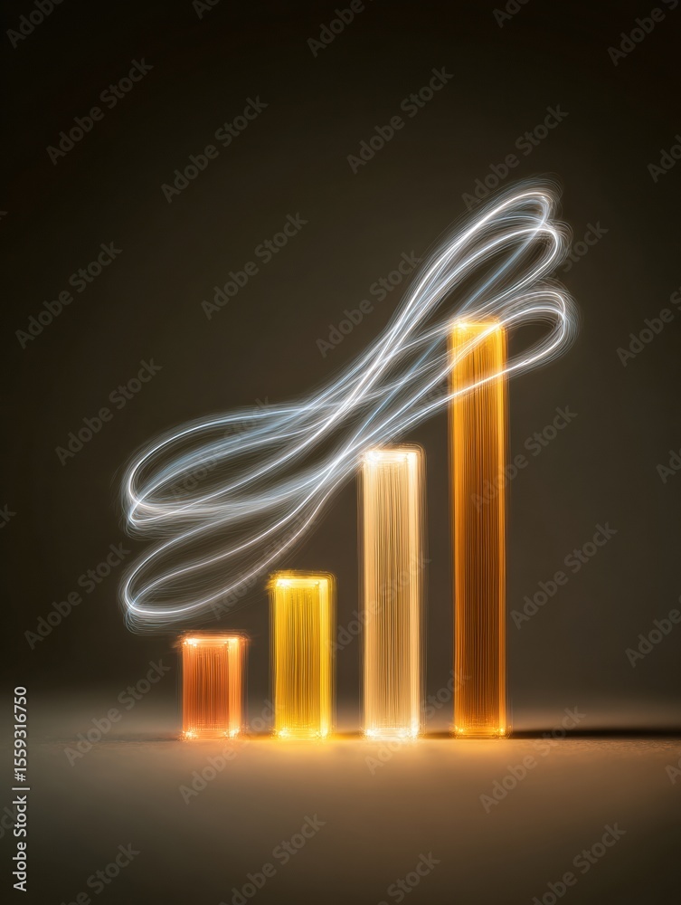 Poster Stacked Bar Chart Illustrates Growth With Dynamic Light Trail on a Dark Background, Symbolizing Progress and Increasing Values Over Time