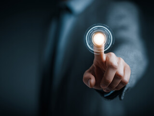 Futuristic Digital Button Press &ndash; Business Finger Touching Glowing Interface with Blue Light in Close-Up Scene